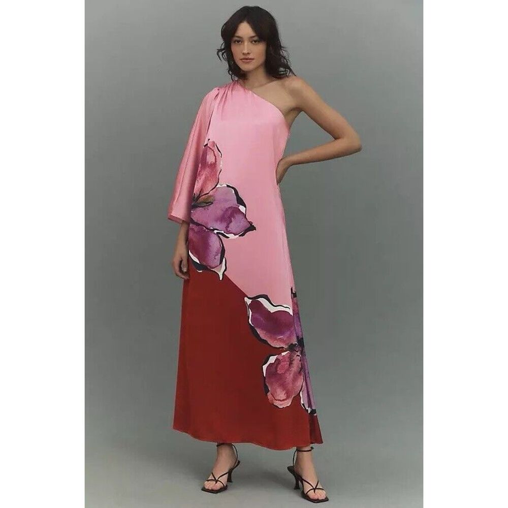 New Anthropologie Hutch One-Shoulder Column Satin Maxi Dress in pink size L